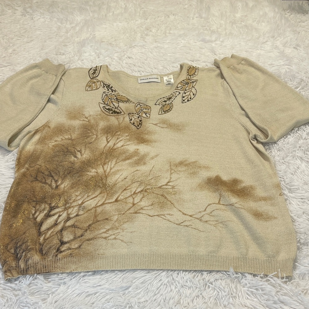 ALFRED DUNNER LONG Sleeve Sweater with Leaf Design V-Neck WOMENS SIZE XL